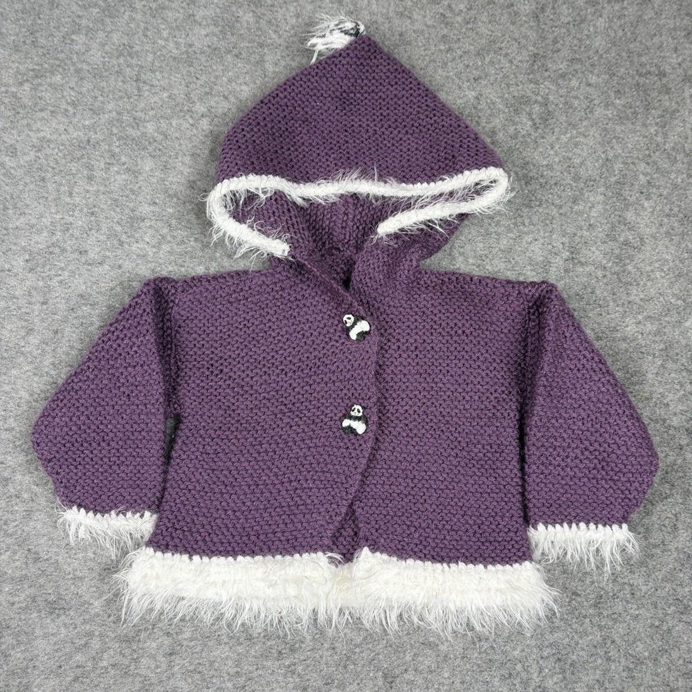 Unbranded Knit Hooded Cardigan Baby Size 6-12M Purple Panda Faux Fur Trim - Picture 2 of 9